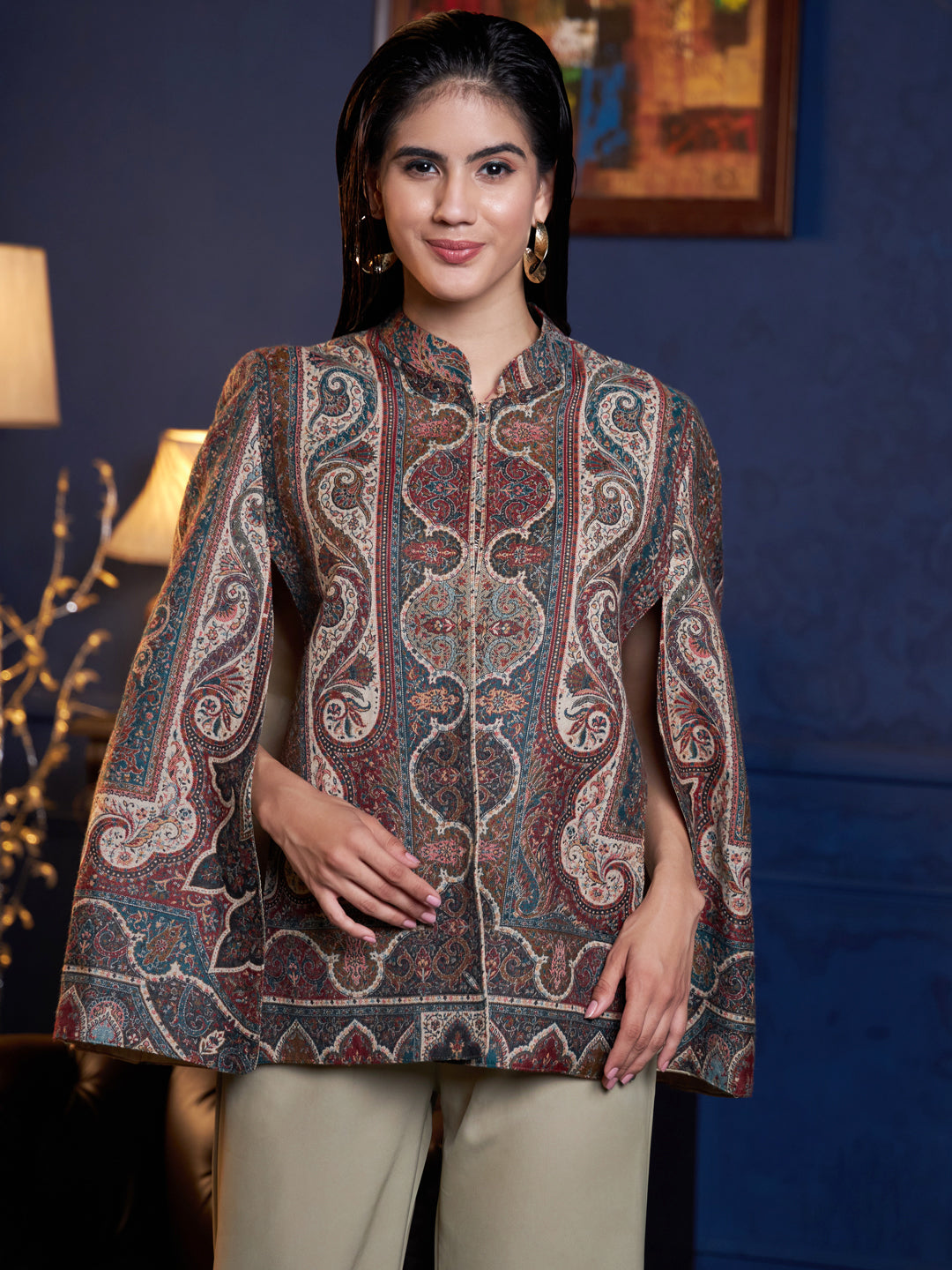 Woven Jamawar Designer Luxury Cape Jacket for Women Multicolor zamour