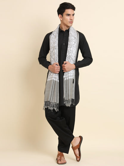 Woollen Pashmina Feel Royal Stole in Silk Embroidery Dense Jaal for Men | Grey