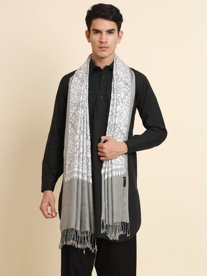 Woollen Pashmina Feel Royal Stole in Silk Embroidery Dense Jaal for Men | Grey