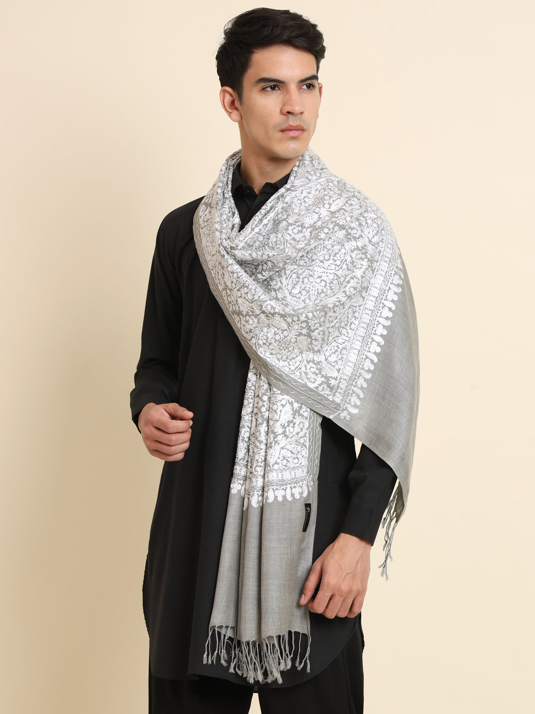 Woollen Pashmina Feel Royal Stole in Silk Embroidery Dense Jaal for Men | Grey