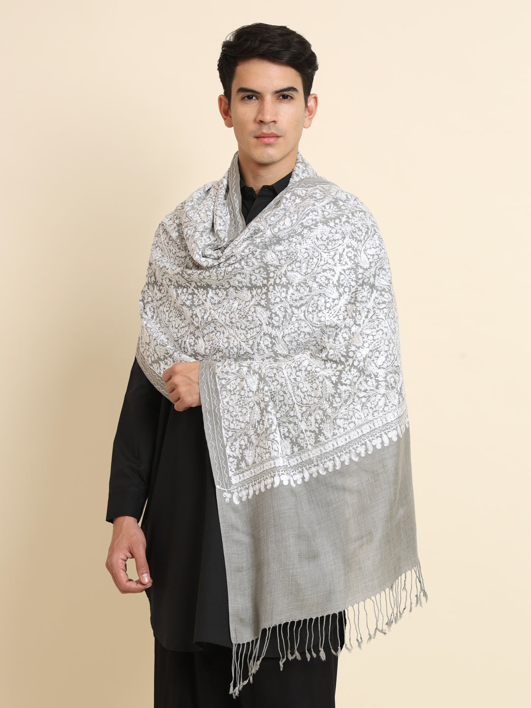 Woollen Pashmina Feel Royal Stole in Silk Embroidery Dense Jaal for Men | Grey