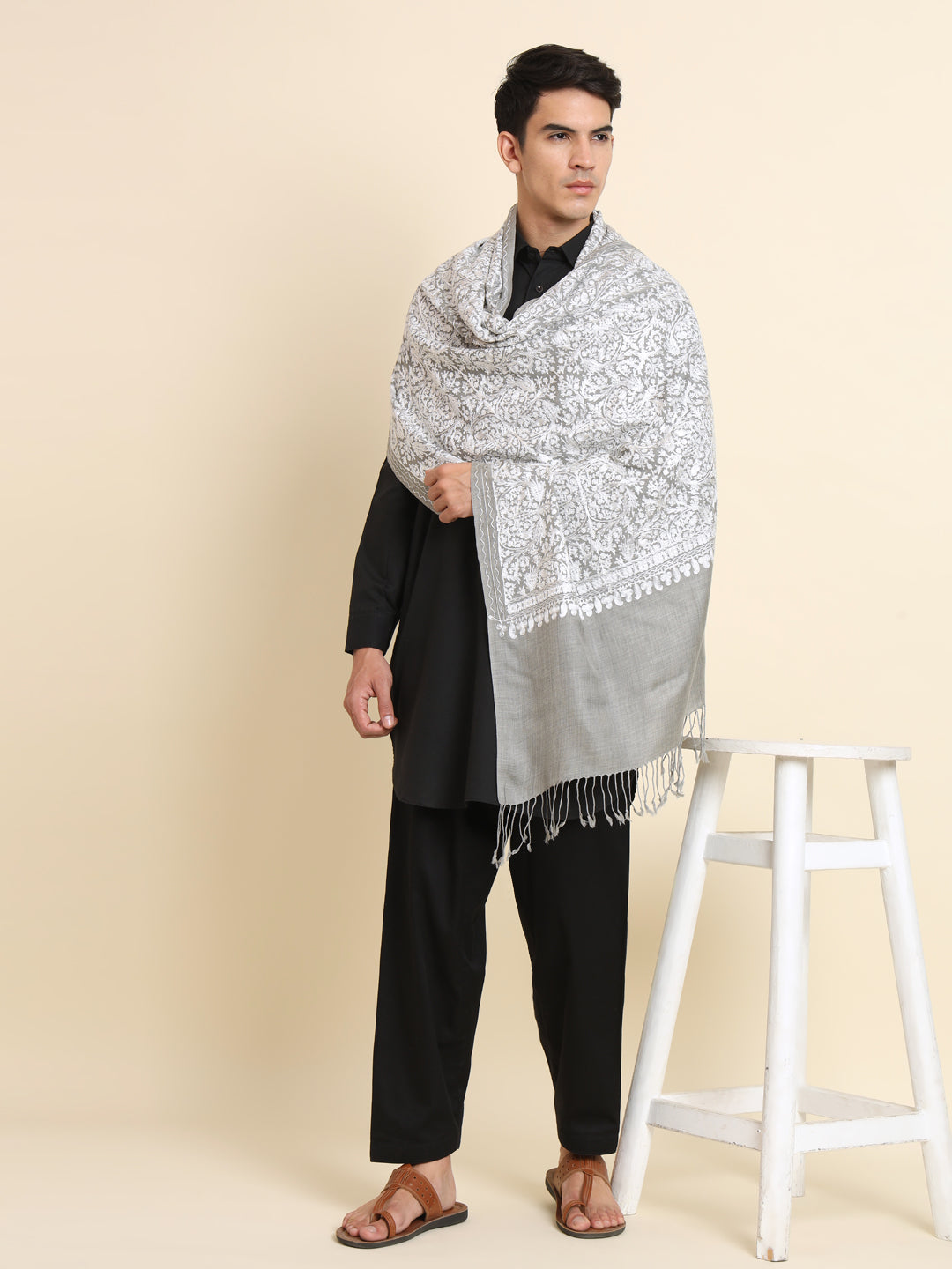 Woollen Pashmina Feel Royal Stole in Silk Embroidery Dense Jaal for Men | Grey