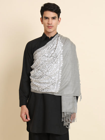 Woollen Pashmina Feel Royal Stole in Silk Embroidery Dense Jaal for Men | Grey