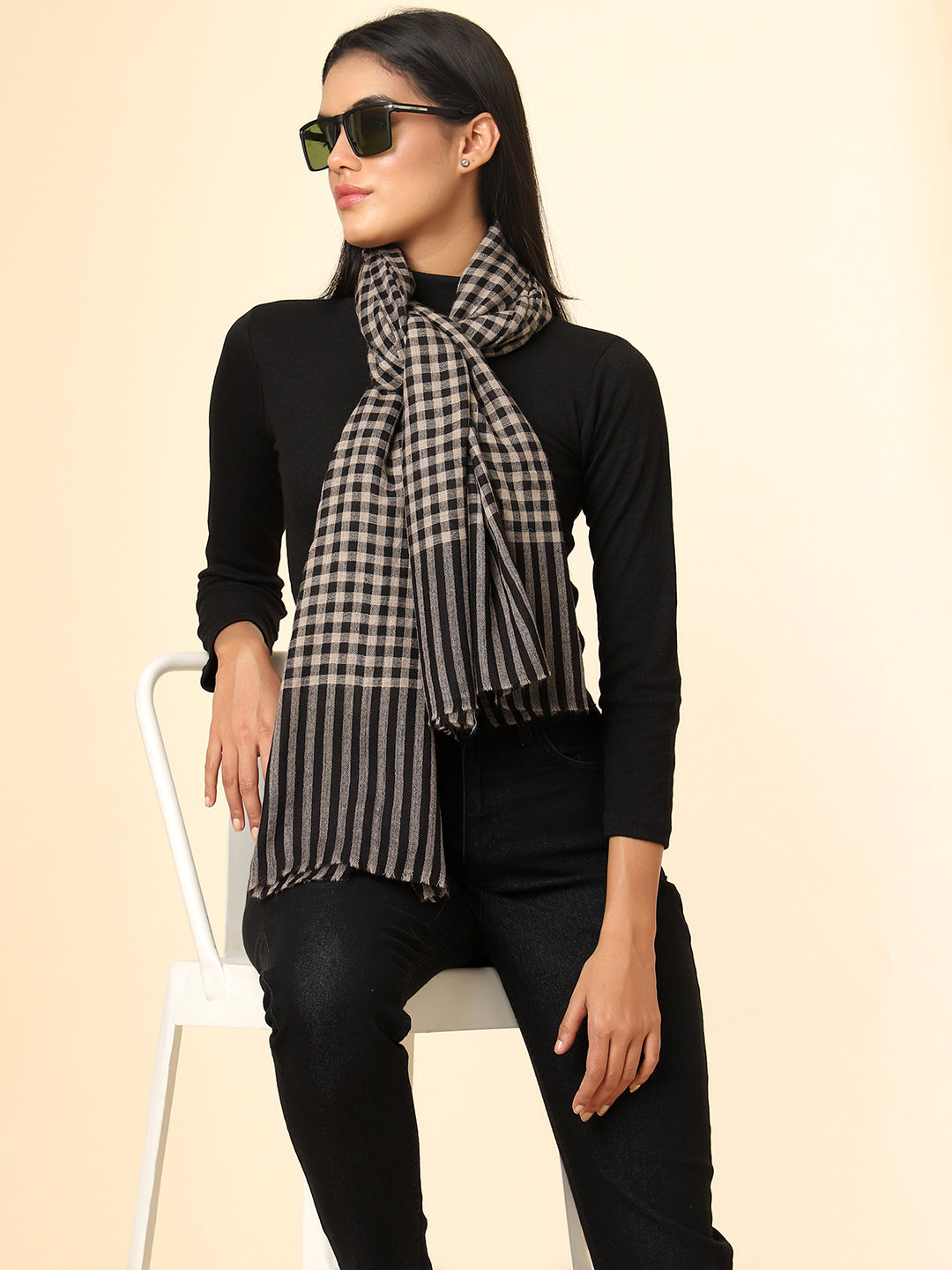 Women Pure Wool Woven Checks Soft Touch Stole | Black