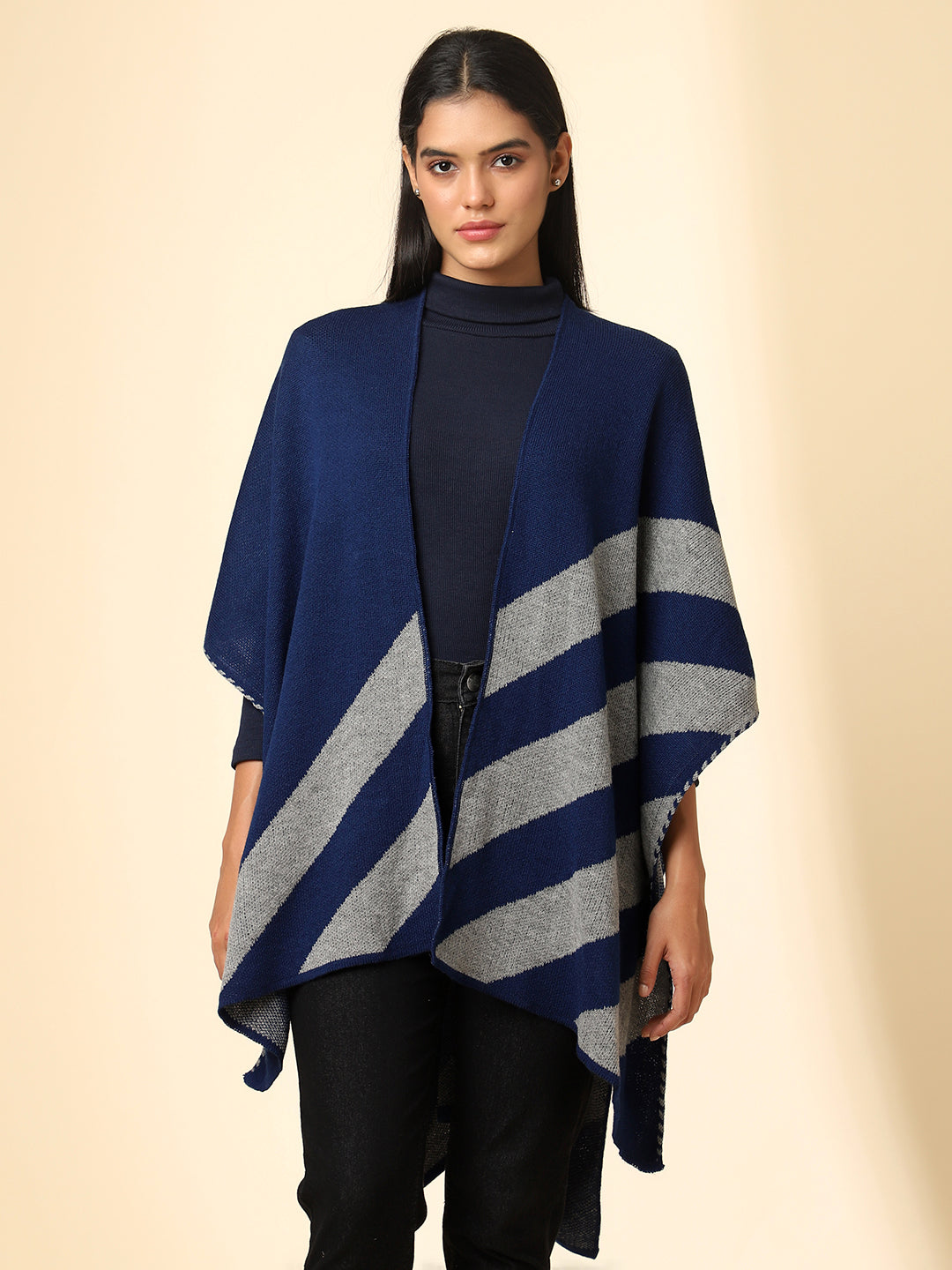 Open Front Striped Knitted Shrug | Blue