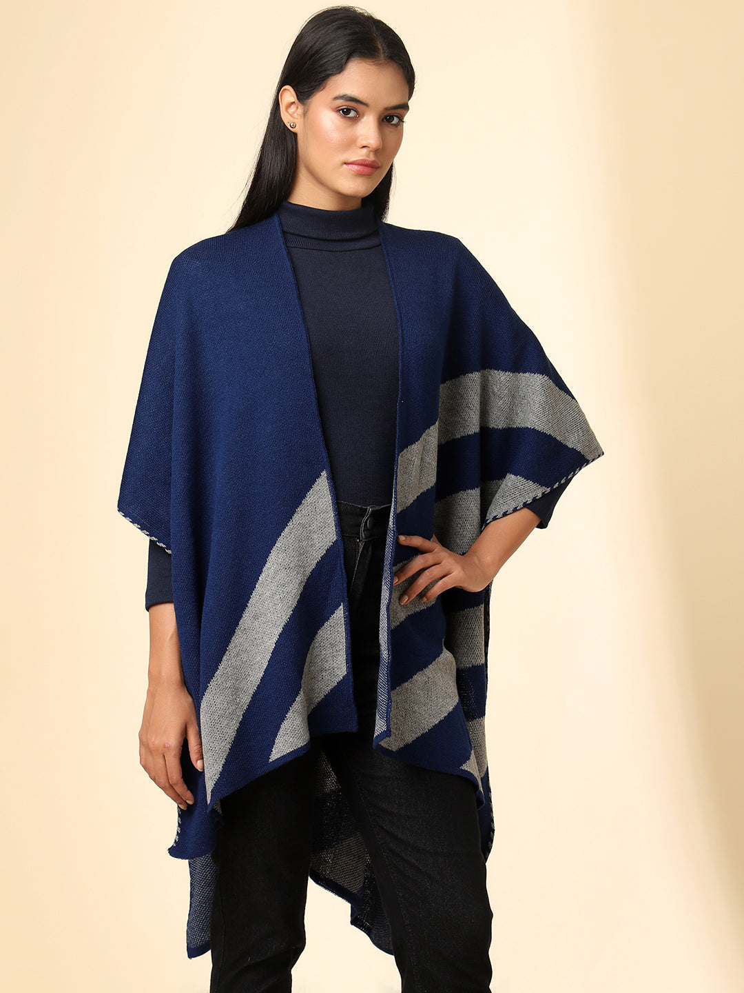 Open Front Striped Knitted Shrug | Blue