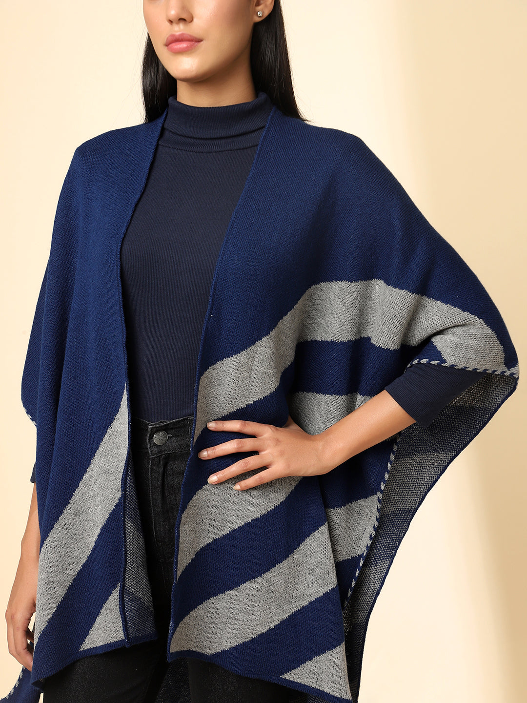 Open Front Striped Knitted Shrug | Blue