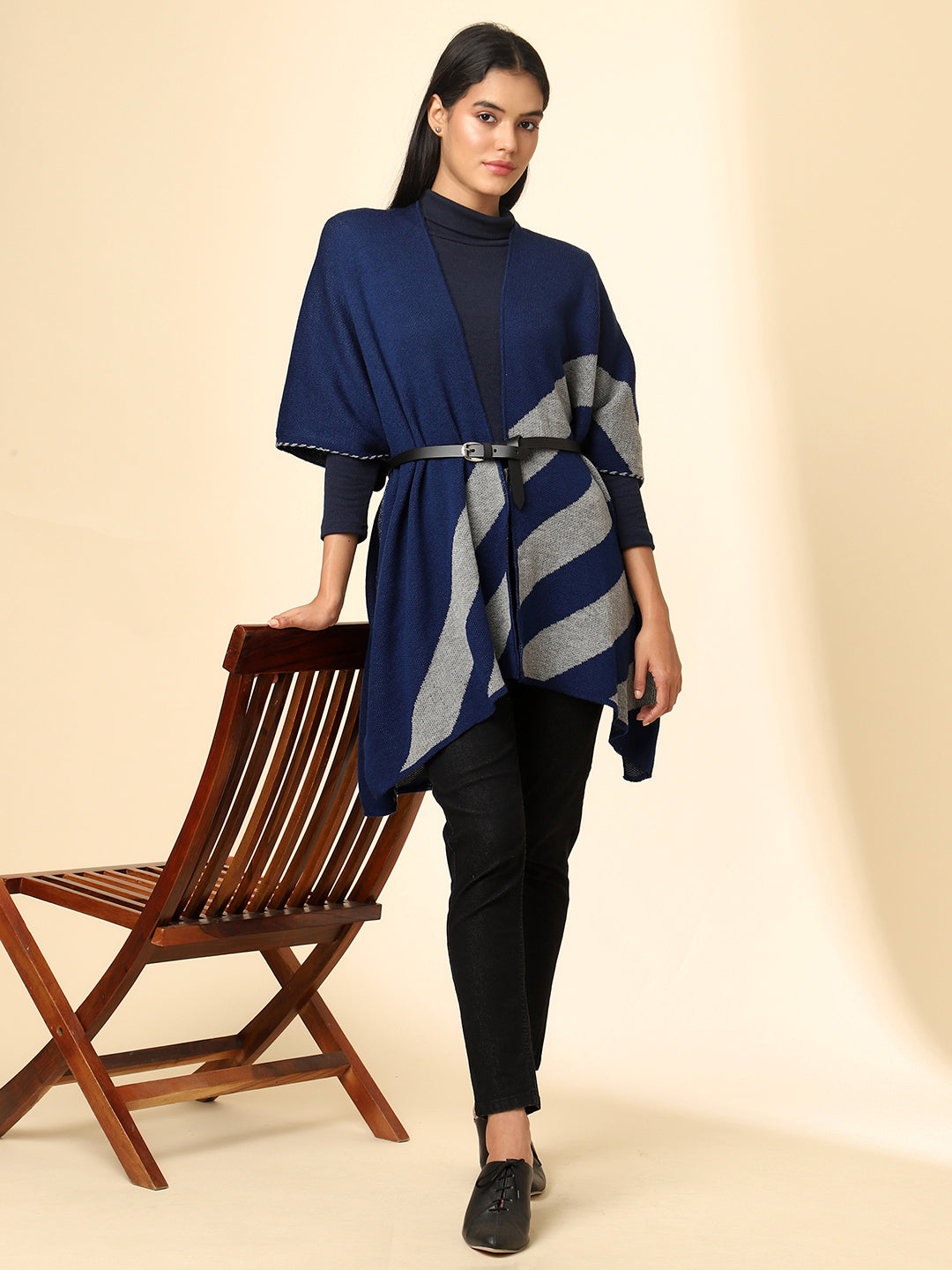 Open Front Striped Knitted Shrug | Blue