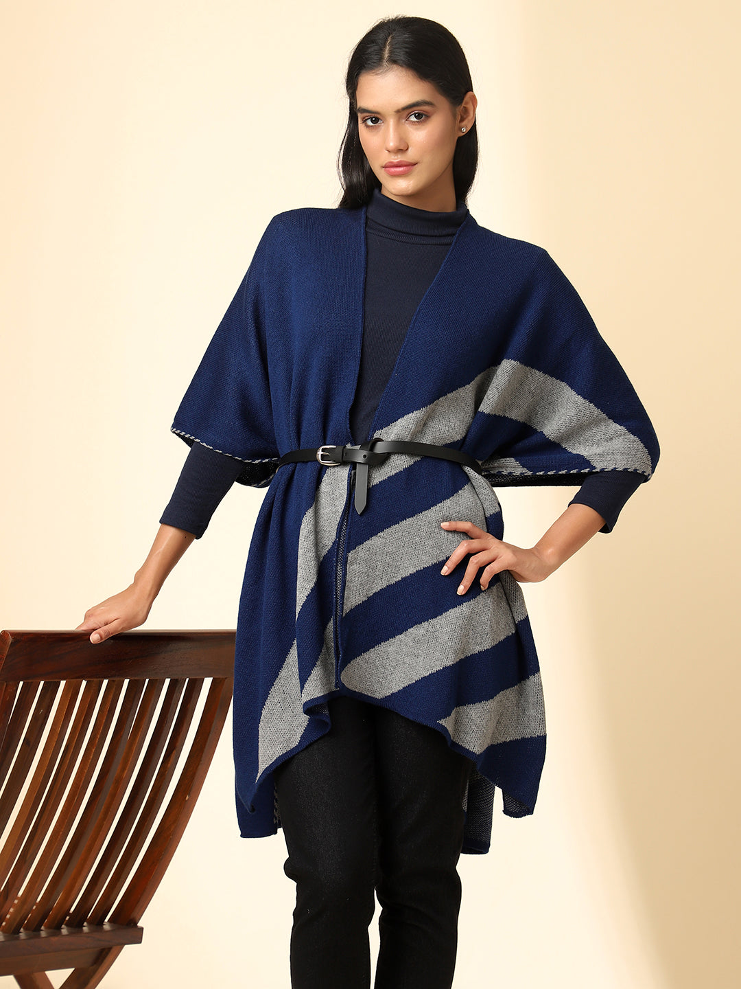 Open Front Striped Knitted Shrug | Blue