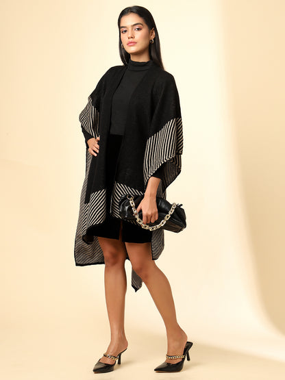 Open Front Striped Knitted Shrug | Black