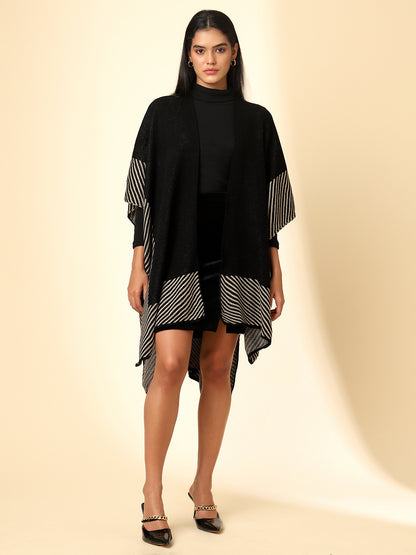 Open Front Striped Knitted Shrug | Black