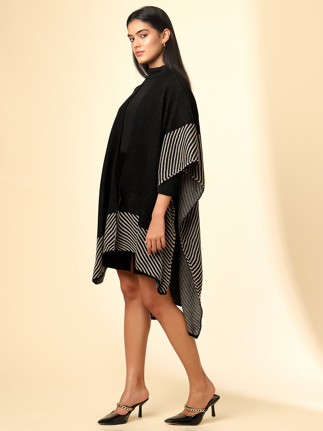 Open Front Striped Knitted Shrug | Black