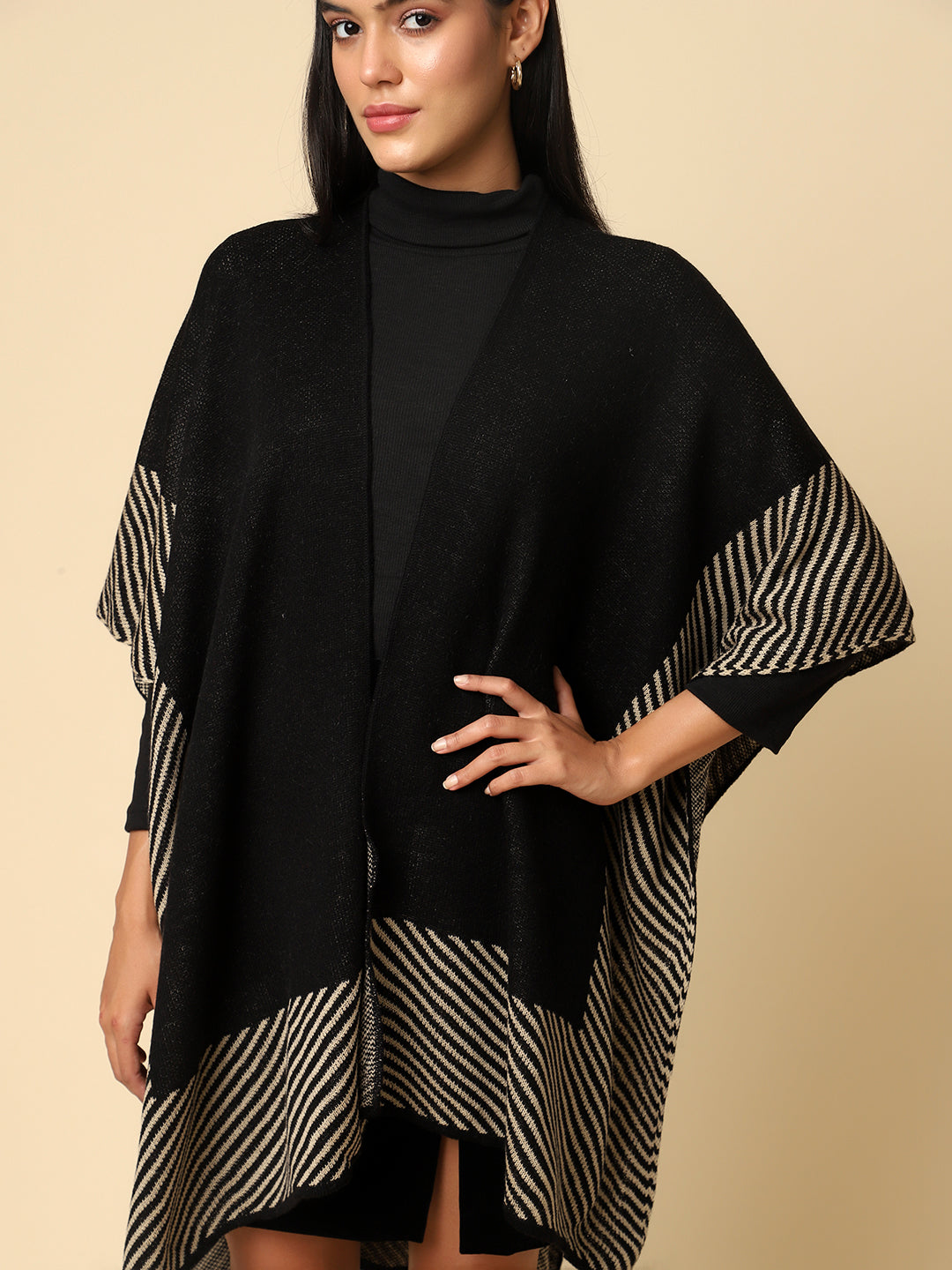 Open Front Striped Knitted Shrug | Black