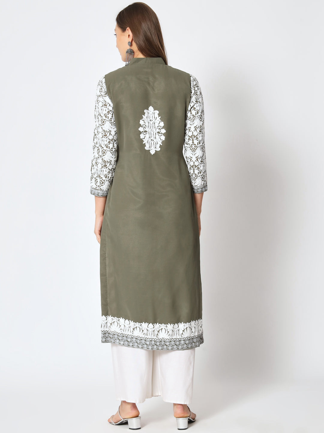 Unstitched Kurta in Faux Georgette with Aari Embroidery (without lining) | Olive Green