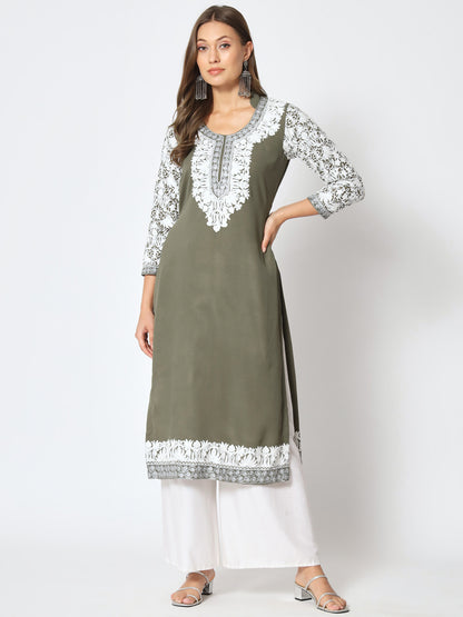 Unstitched Kurta in Faux Georgette with Aari Embroidery (without lining) | Olive Green