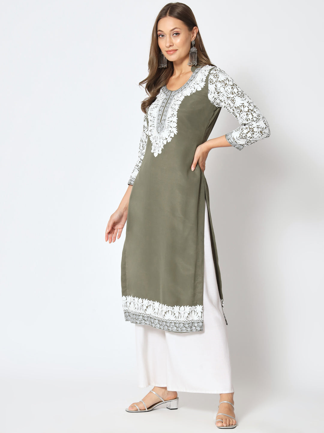 Unstitched Kurta in Faux Georgette with Aari Embroidery (without lining) | Olive Green