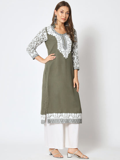 Unstitched Kurta in Faux Georgette with Aari Embroidery (without lining) | Olive Green