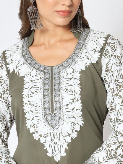 Unstitched Kurta in Faux Georgette with Aari Embroidery (without lining) | Olive Green