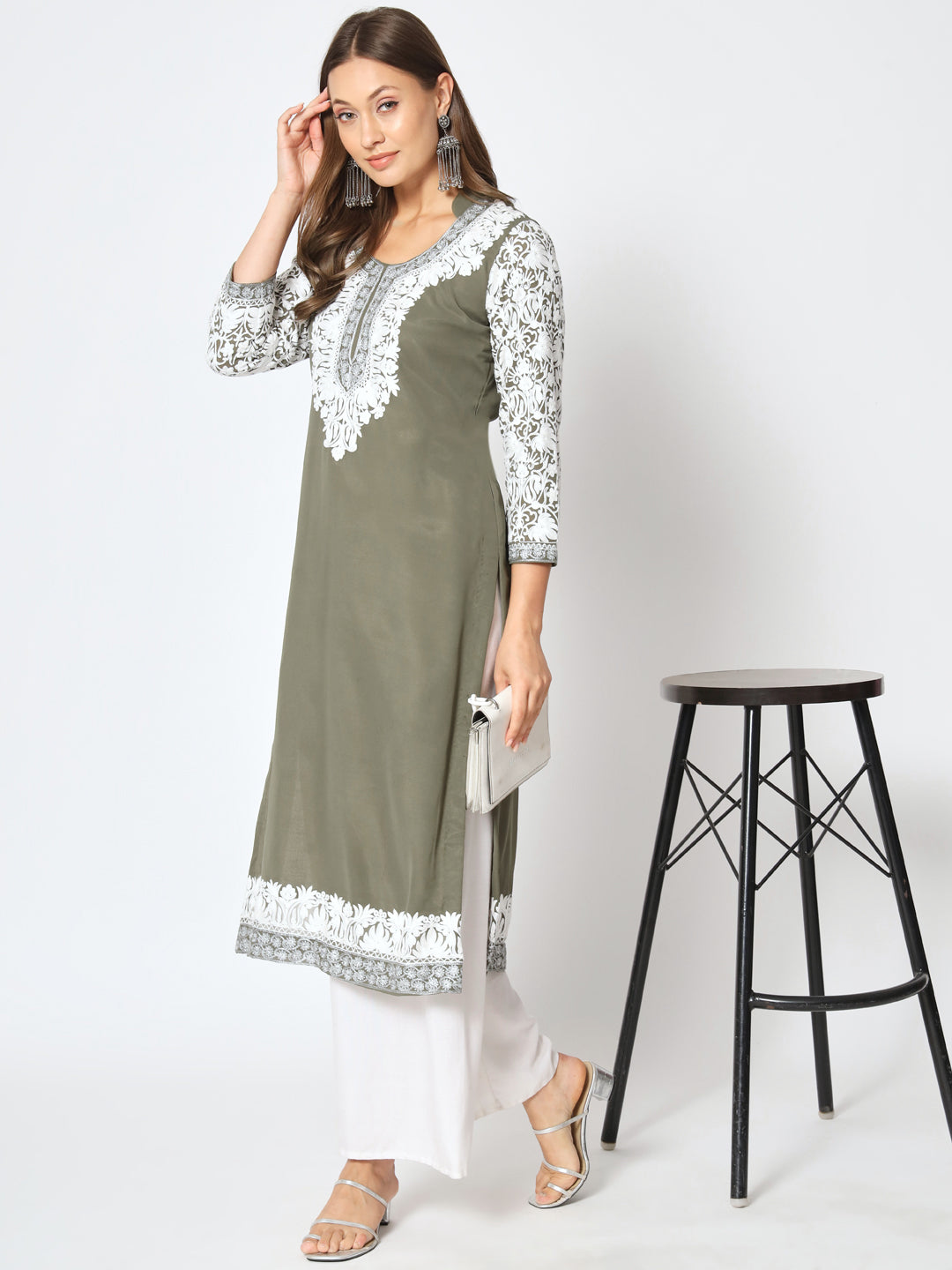 Unstitched Kurta in Faux Georgette with Aari Embroidery (without lining) | Olive Green