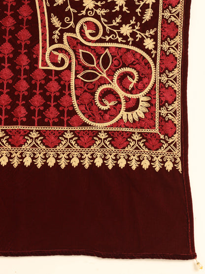 Velvet Floral Zari Embroidered Stole | Maroon