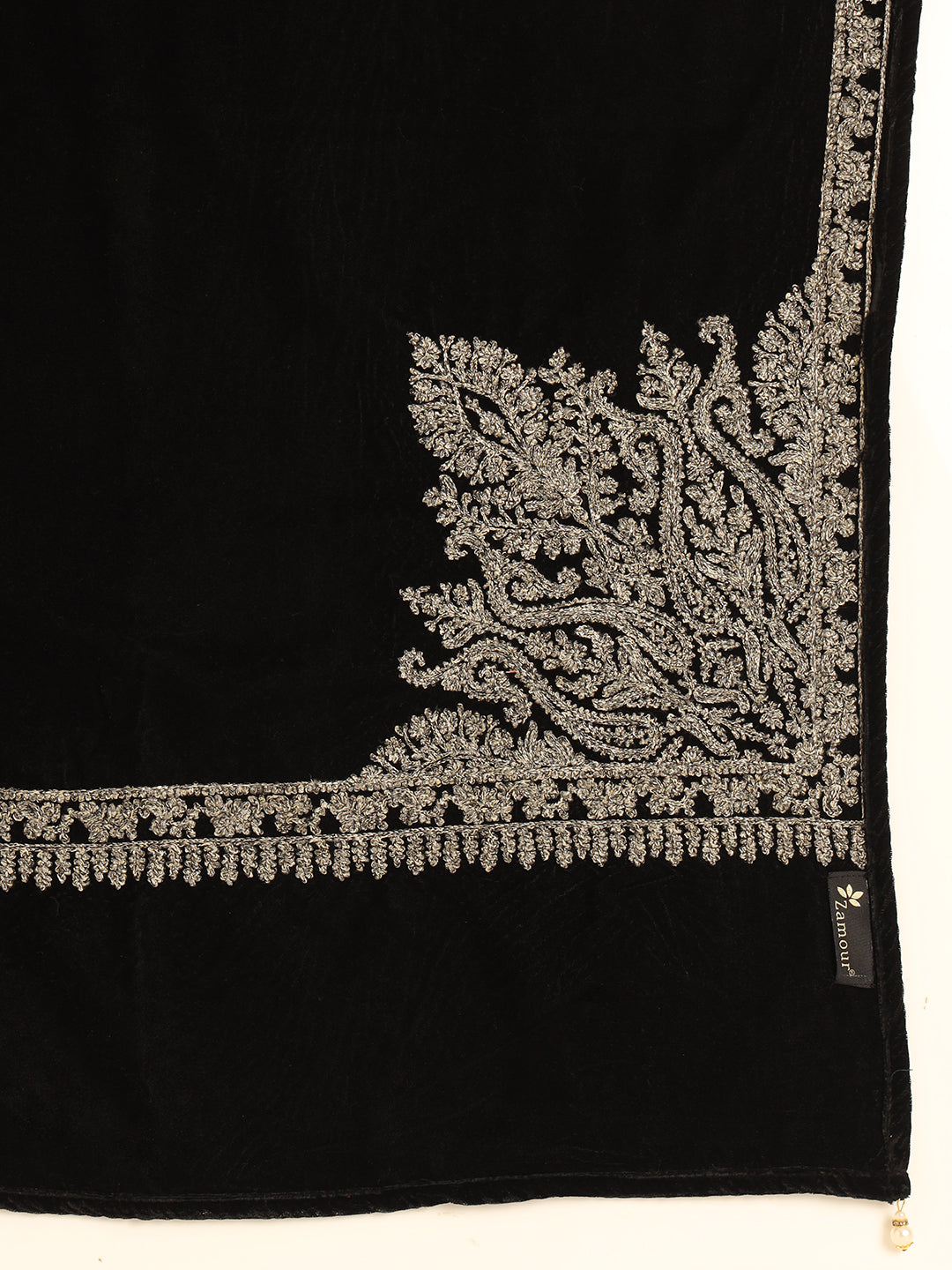 Velvet Zari Flower Embroidered Stole | Black