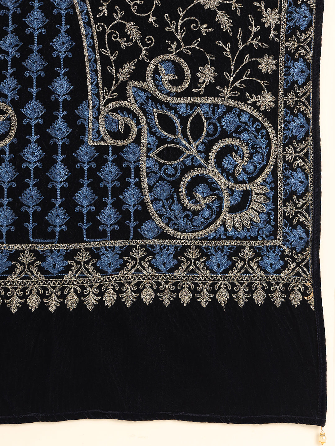 Velvet Floral Zari Embroidered Stole | Blue