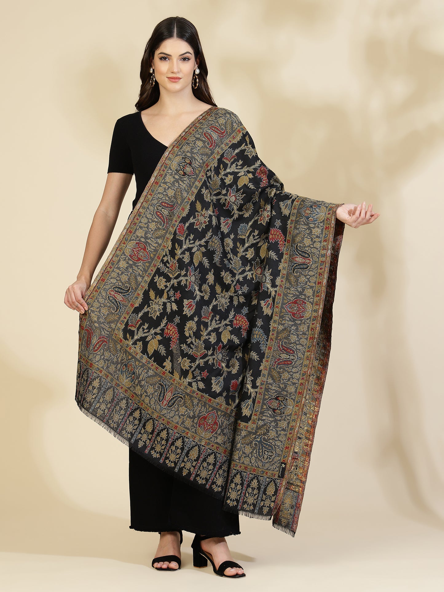 Kani Floral Zari Weave Pure Wool Shawl For Women | Black