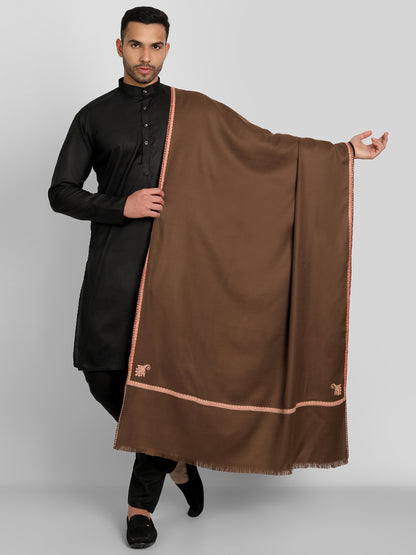 Men's Traditional Woolen Shawl with Fine Embroidery | Coffee