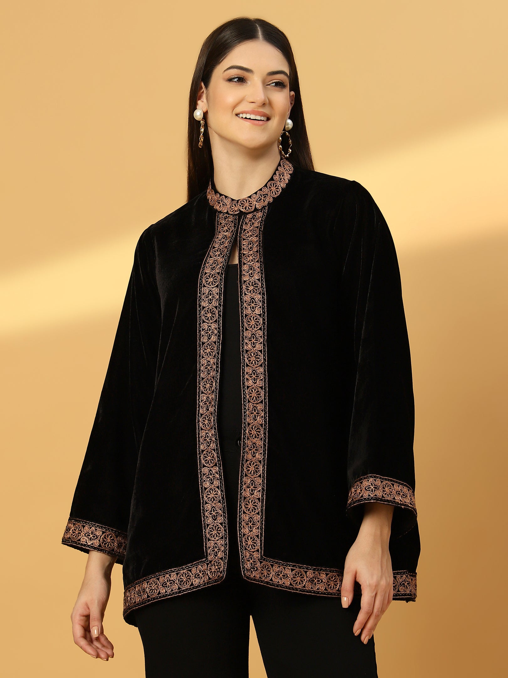 Women's Velvet Cape Shrug with Embroidery on Neck and Borders | Black