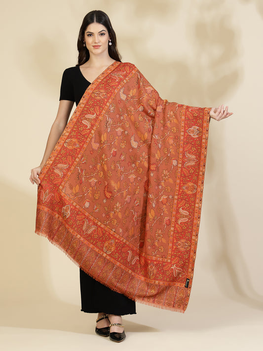 Kani Floral Zari Weave Pure Wool Shawl For Women | Rust