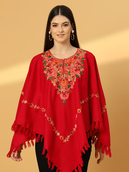 Woollen Poncho with Kashmiri Embroidery and Silk Lining | Red