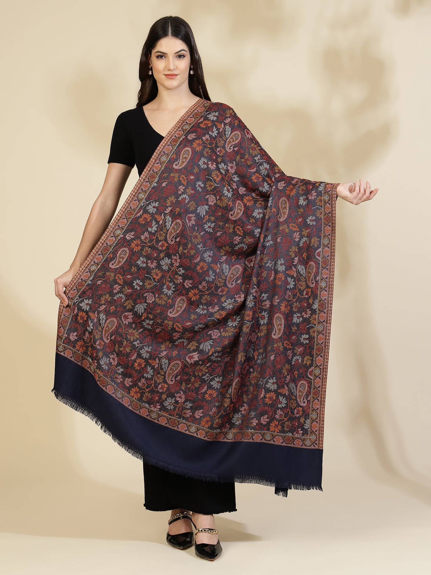 Woven Jamawar Kani Shawl with Paisleys in Floral Jaal Patterns | Blue