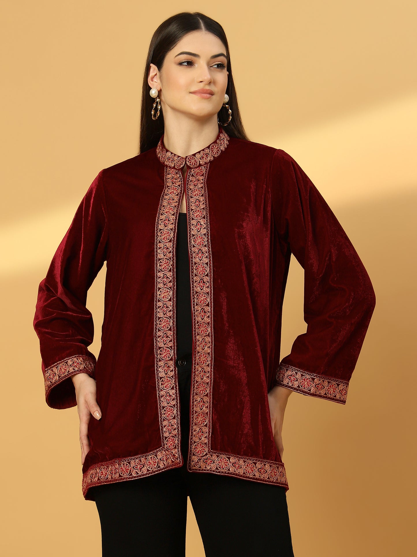 Women's Velvet Cape Shrug with Embroidery on Neck and Borders | Maroon