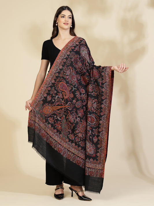 Kani Paisley Weave Pure Wool Shawl For Women | Black