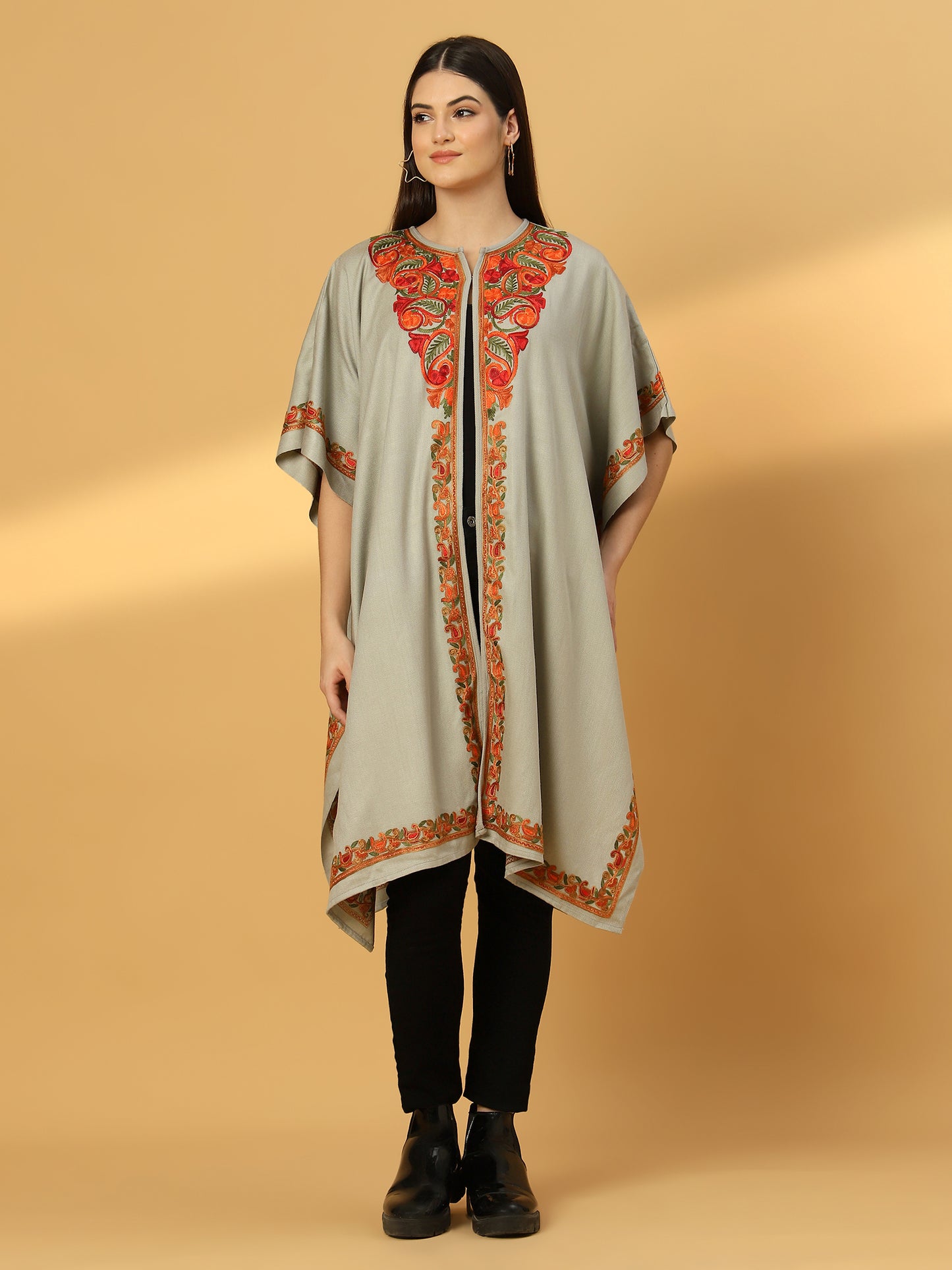 Kashmiri Embroidery Grey Pheran Shrug