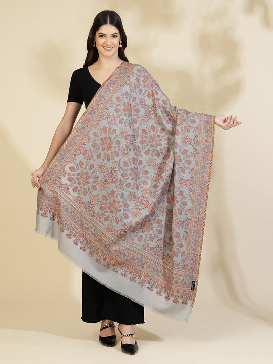 Kani Floral Jaal Zari Weave Pure Wool Shawl For Women | Grey