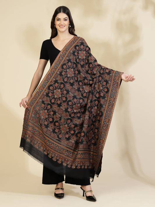 Kani Floral Jaal Zari Weave Pure Wool Shawl For Women | Black