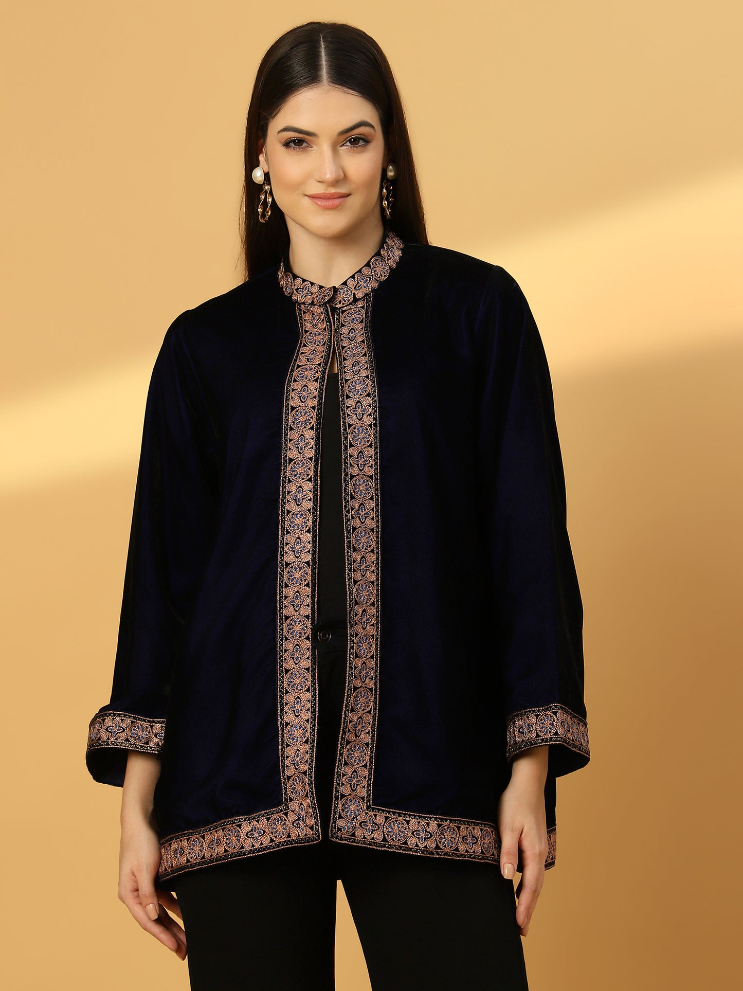 Women's Velvet Cape Shrug with Embroidery on Neck and Borders | Blue