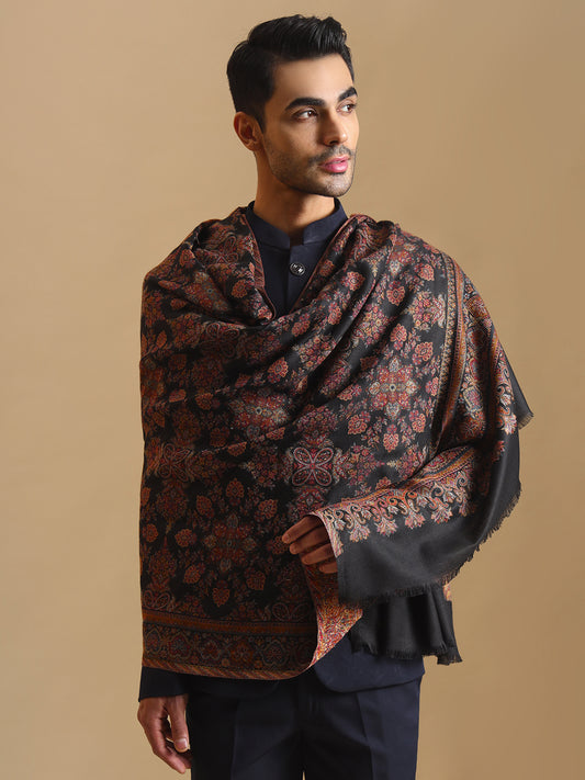 Traditional Kani Weave Pure Wool Shawl for Men | Black