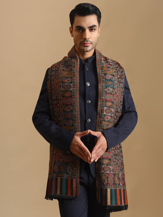 Kani Weave Paisley Design Shawl for Men | Black