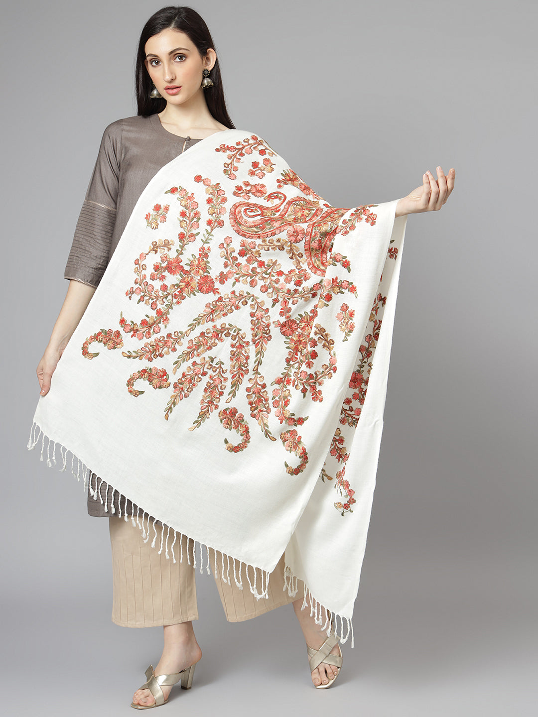 Kashmiri Aari Embroidery Woollen Stole | Off White