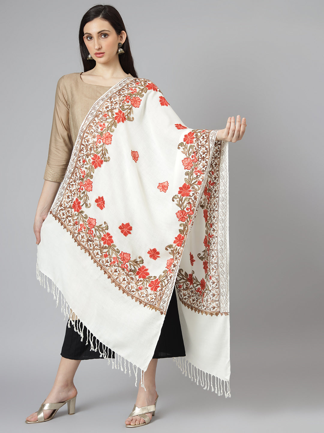 Kashmiri Aari Embroidery Woollen Stole | Off White