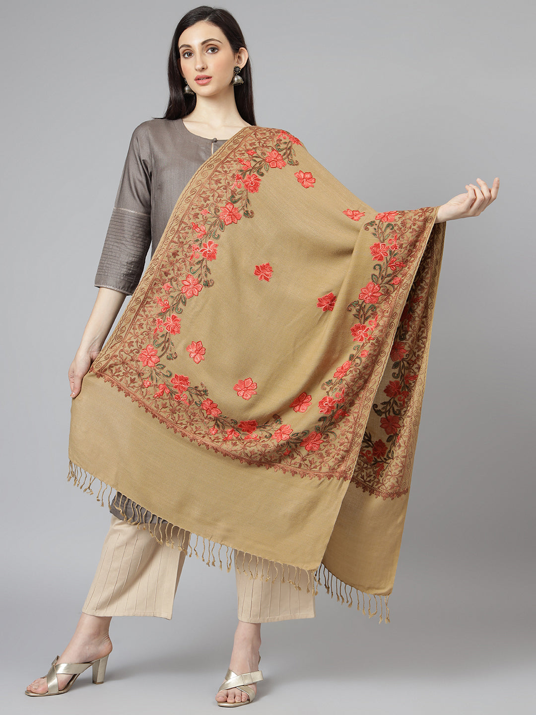 Kashmiri Aari Embroidery Woollen Stole | Brown