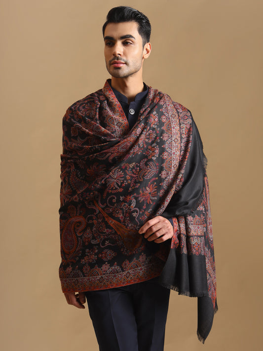 Kani Weave Paisley Pure Wool Shawl for Men | Black