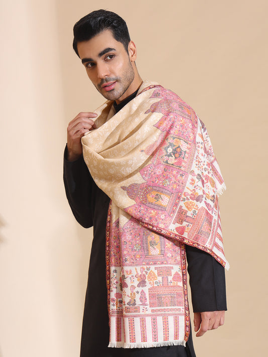 Kani Weave Mughal Border Pure Wool Shawl for Men | Off White