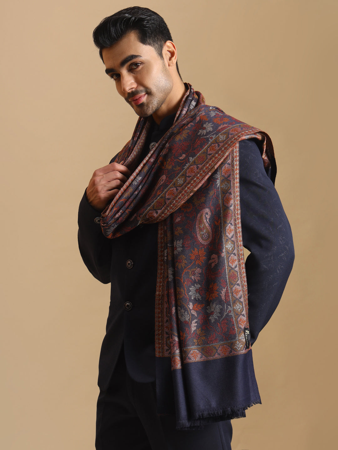 Jamawar Woven Jacquard Jaal Shawl for Men | Blue