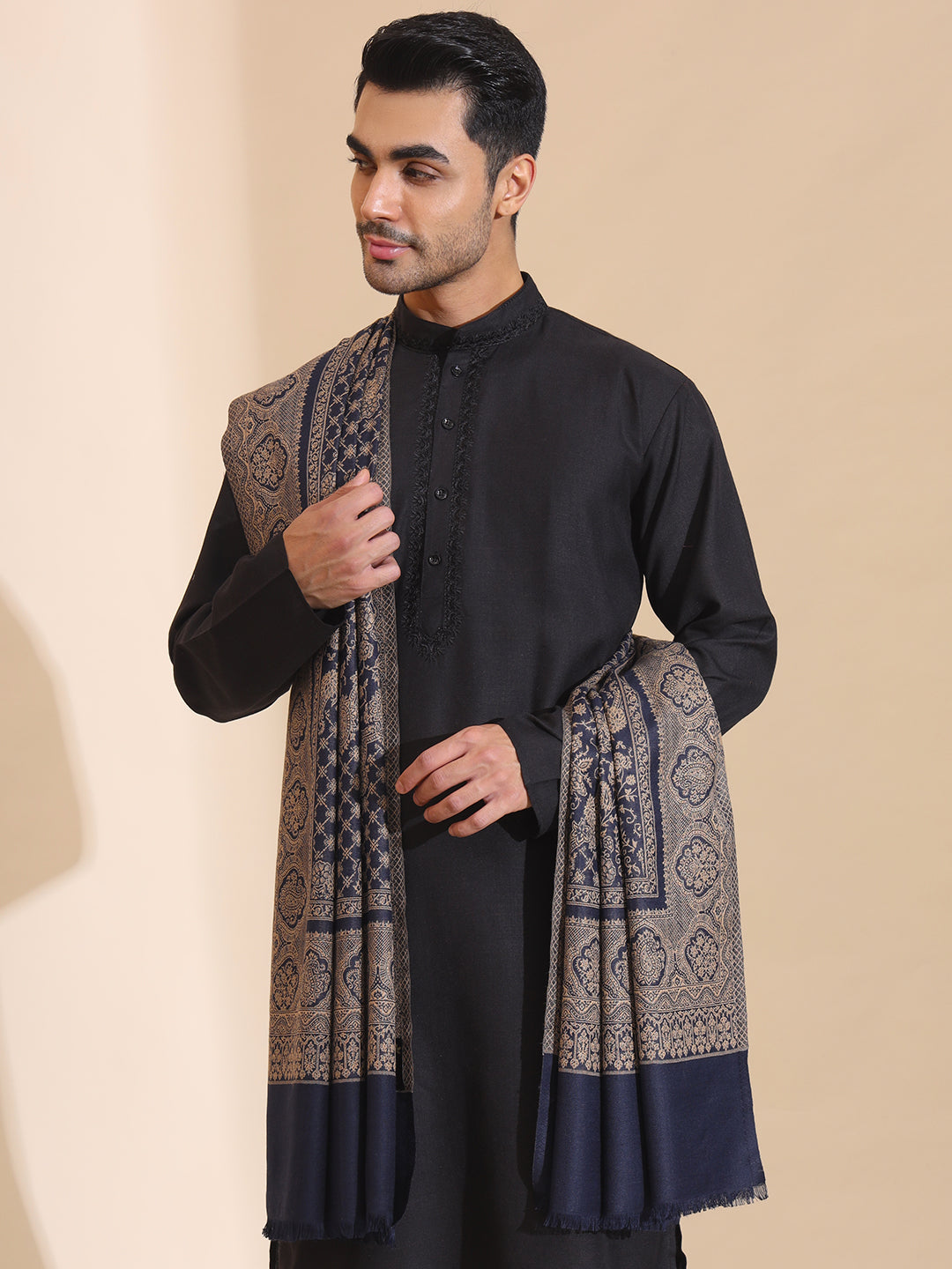 Kashmiri Woven Ethnic Jaal Shawl for Men | Blue