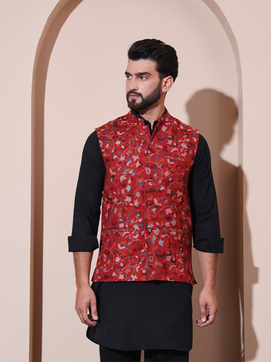 Kani Weave Ethnic Nehru Jacket in Kashmiri Paisleys for Men | Red