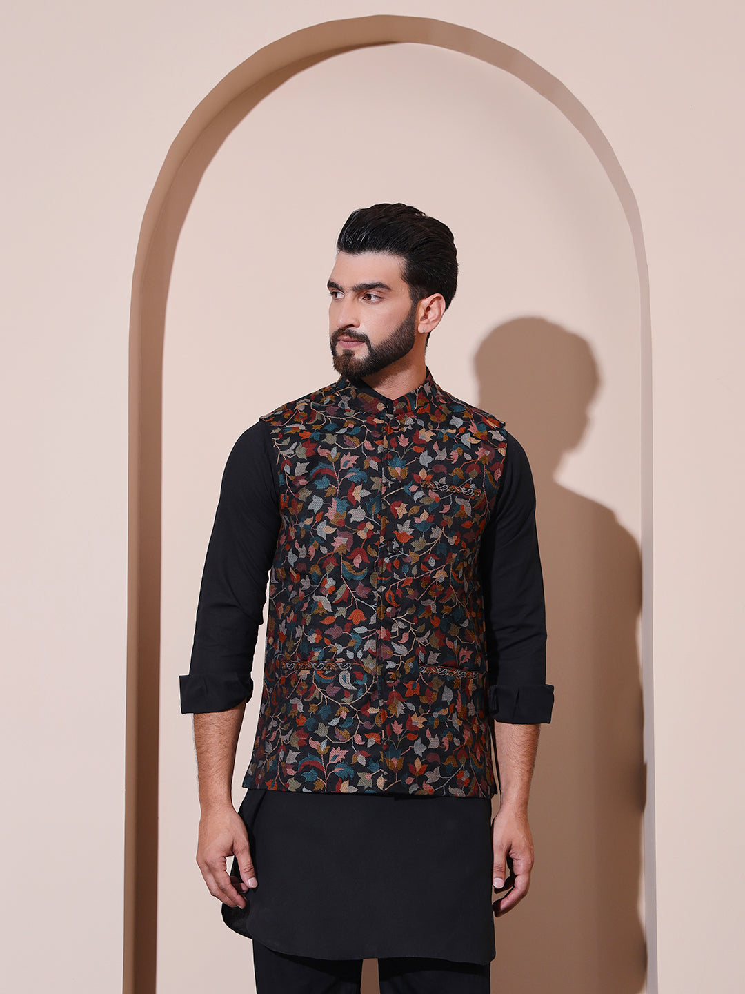 Kani Weave Ethnic Nehru Jacket in Kashmiri Paisleys for Men | Black