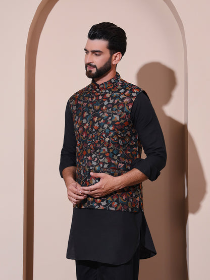 Kani Weave Ethnic Nehru Jacket in Kashmiri Paisleys for Men | Black